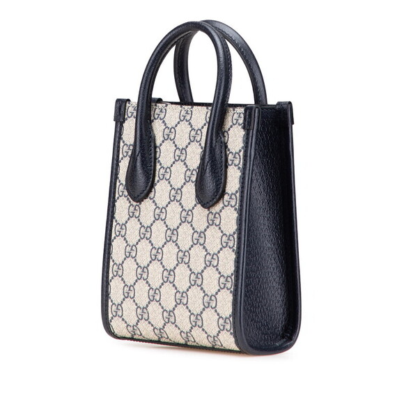 Gucci GG Supreme Tote Shoulder Bag Navy Blue Beige Leather - Picture 2 of 8